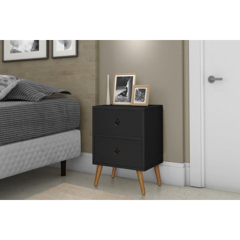 MESA DE CABECEIRA JADE RETRÔ PÉS PALITO COR PRETO FOSCO 2 GAVETAS ÚLTIMAS UNIDADES