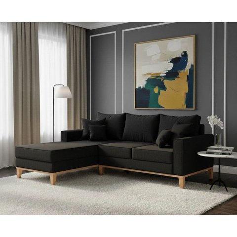 Sofá Beny com Chaise Esquerda, 3 Lugares, Estofado em Linho, Base em Madeira, 1,40x2,00m.