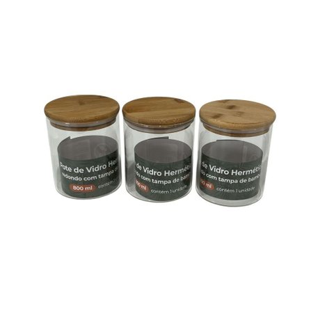 Kit 3 Potes de Vidro Hermético Redondo com Tampa de Bambu 800 Ml