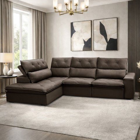 Sofá 3 Lugares Retrátil Reclinável Chaise Esquerdo 258cm Bergen F04 Veludo Marrom Escuro - Lyam Deco