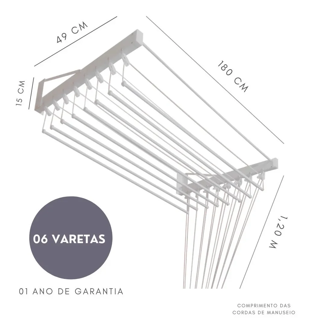 Ver imagem 2 de Varal De Parede Individual 180cm x 06 Varetas - Em Alumínio Branco