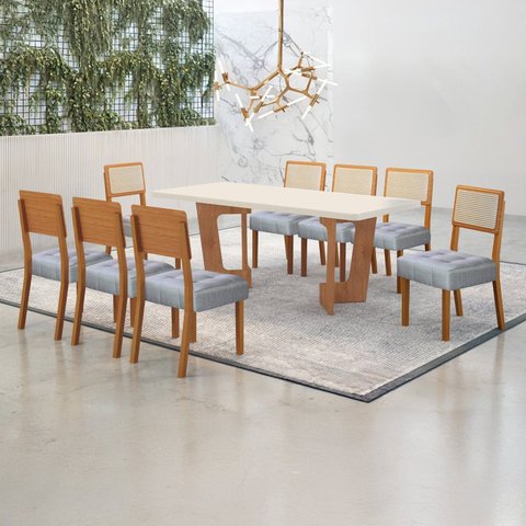 Conjunto Sala de Jantar Mesa 180cm com 8 Cadeiras Liz Marrom/Cinamomo/Off White/Linho Prata
