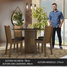Conjunto Sala de Jantar Mesa Tampo de Vidro 4 Cadeiras Rustic/preto Perla Madesa - 4