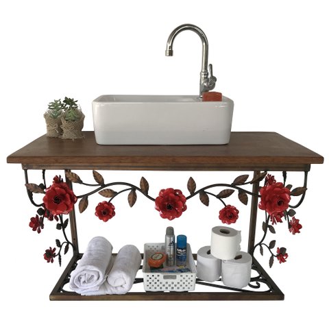 Bancada de Madeira e Ferro com Rosas em Verniz Para Banheiros Libertas Rosas Artesanato Bancada Rosa