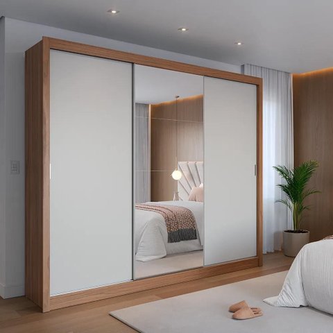 Guarda-roupa Casal com Espelho 3 Portas de Correr 8 Gavetas Montclair 275 Cm - Canella C/ Off White