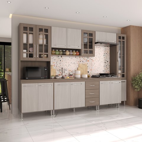 Armário de Cozinha Modulada Completa Fidelitá Paris 6 Peças 295cm 15 Portas 3 Gavetas com Tampo