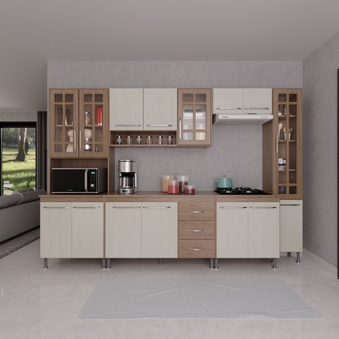 Cozinha Modulada Completa Fidelitá Paris 6 Peças 295cm 15 Portas 3 Gavetas com Tampo