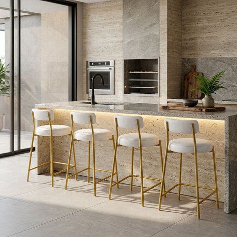 Banqueta Cozinha Alta com Encosto Industrial Dourado Kit 4 Londres PU D03 - D'Rossi