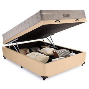 Cama Box Baú Casal Sintético + Colchão Ortobom Airtech Molas Ensacadas 138x188x65 Bege