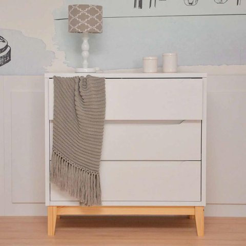 Cômoda Infantil Retrô Amor Perfeito com 3 Gavetas - Branco/Natural