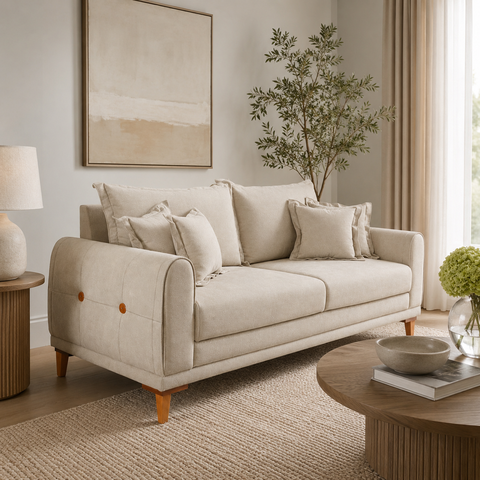 Sofá Living Bege 3 Lugares Bouclê 1.80m Pés em Madeira Bz Home Decor