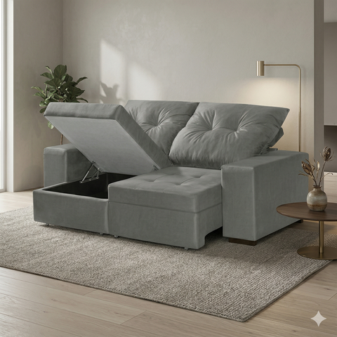 Sofá Retrátil E Reclinável 3 Lugares 200Cm Com Baú Malaquita 