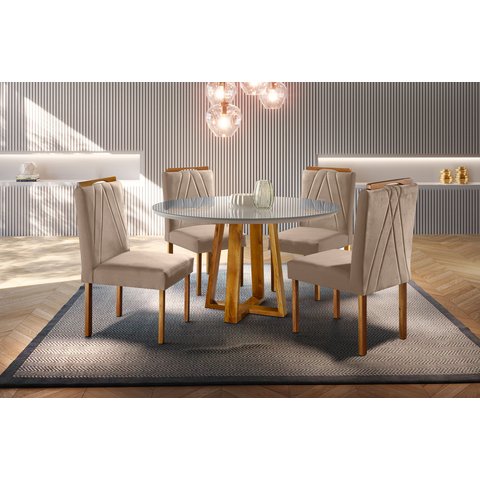 Conjunto Sala de Jantar 4 Lugares Natalle Mesa Redonda e Cadeiras Madeira Maciça Veludo Bege