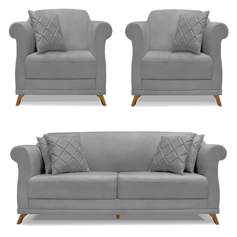 Kit 2 Poltronas e Sofá Living 2 Lugares 1,80m Vênus Linho Grafite Pés Castanho - Pallazio