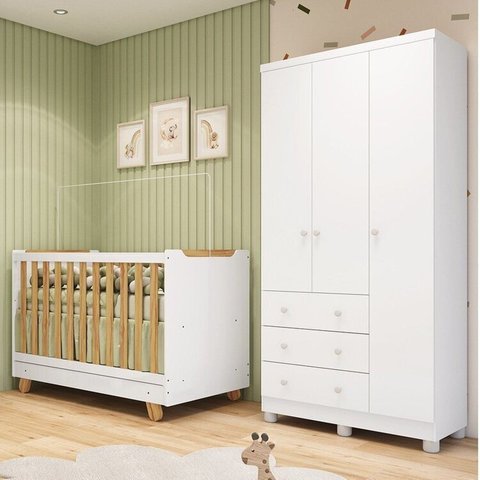 Quarto de Bebê com Guarda-Roupa 3 Portas e Berço 4 em 1 Minicama 100% MDF Mike Espresso Móveis Branc