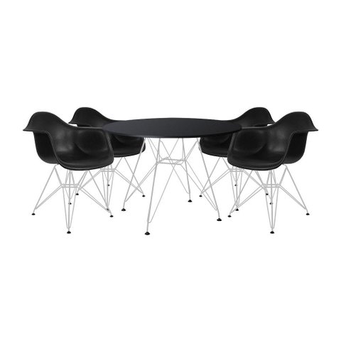 Mesa de Jantar Redonda 90cm Preta com 4 Poltronas Pretas Ferro Branco Preto