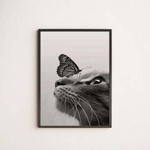 Quadro Decorativo Gato Com Borboleta 24x18cm - com vidro:Madeira branca