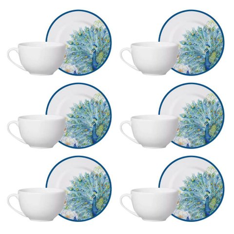 Kit 6 Xícaras Cerâmica Chá Café Pires Pavão Natureza 250ml