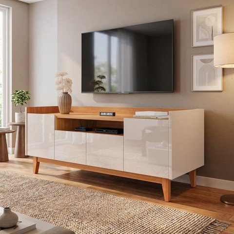 Rack para TV até 60 Polegadas MDF 158cm Pés em Madeira Maciça 4 Portas 1 Nicho Adria Versátile Bege