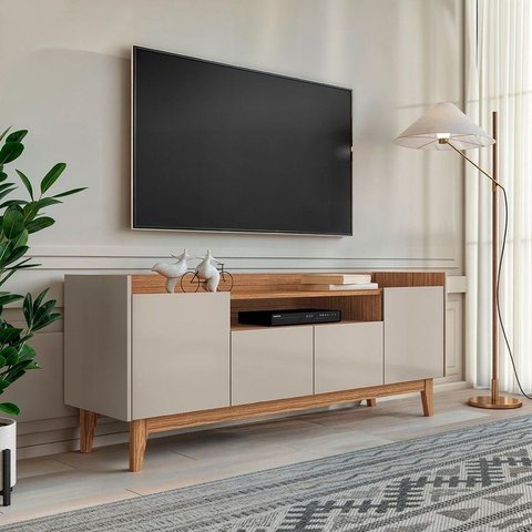 Rack para TV até 60 Polegadas MDF 158cm Pés em Madeira Maciça 4 Portas 1 Nicho Adria Versátile Bege