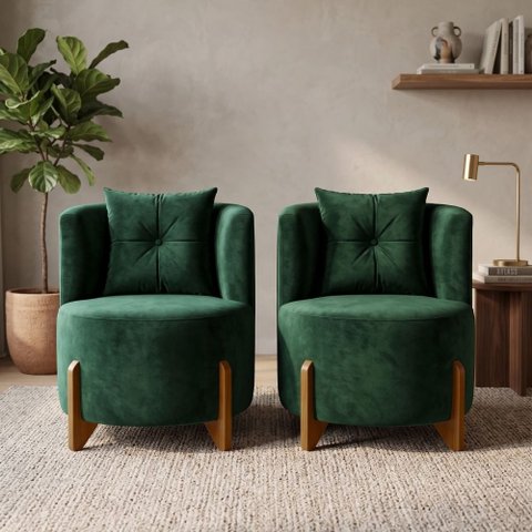 Kit 2 Poltronas Orgânica Curva Luna Veludo Verde - Montanaris Decor