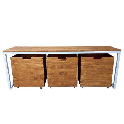 Rack Industrial com 3 Caixotes - Ferro e Madeira - Cores Cinza Claro e Castanheira