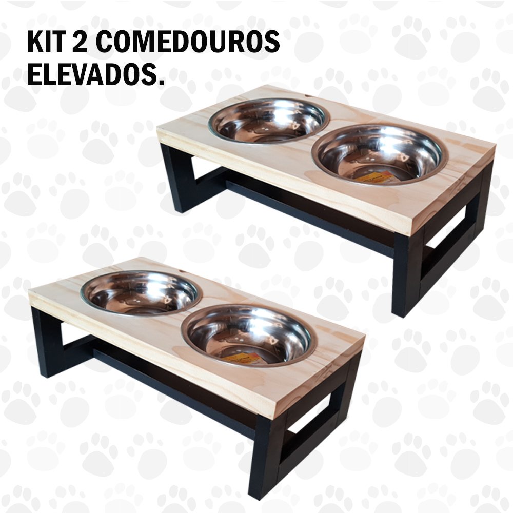 Kit 2 Comedouros Elevado Madeira 2 Potes Inox Cães E Gatos - 1