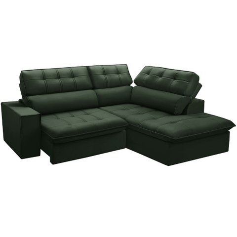 Sofá 3 Lugares Retrátil Reclinável Chaise Direito 243cm Solin F04 Veludo Verde - Lyam Decor