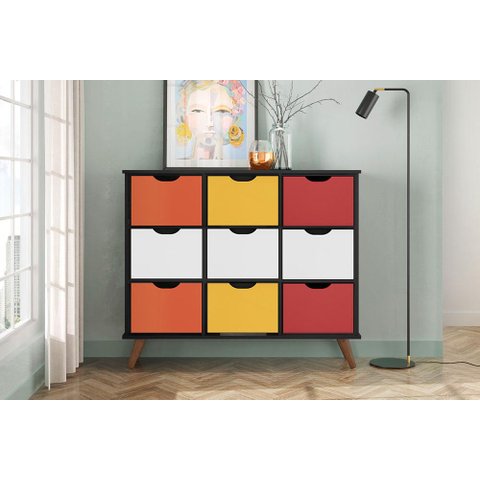 Nicho Organizador Retro Preto com 9 Gavetas Branco/Colorida 108 x 92,5cm - FdECOR