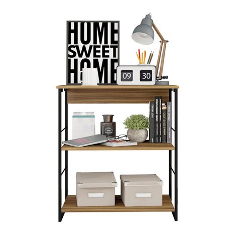 Estante Baixa Livreiro Fabrik Quarto Escritório 3 Andares Lâmina Mel Preto Brilho Caemmun