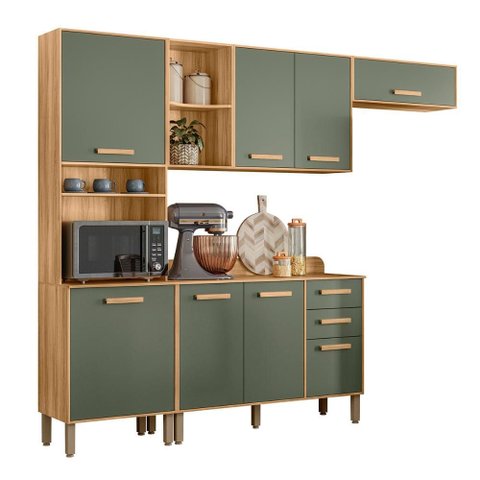 Cozinha Compacta com Balcão Maria Flor 8 Portas e 2 Gavetas Freijo/verde