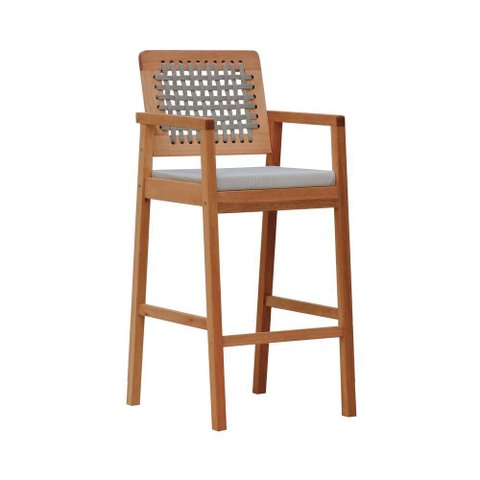 Banqueta Alta Garden Madeira Maciça Assento Estofado Encosto Trançado Corda - Natural Acquablock