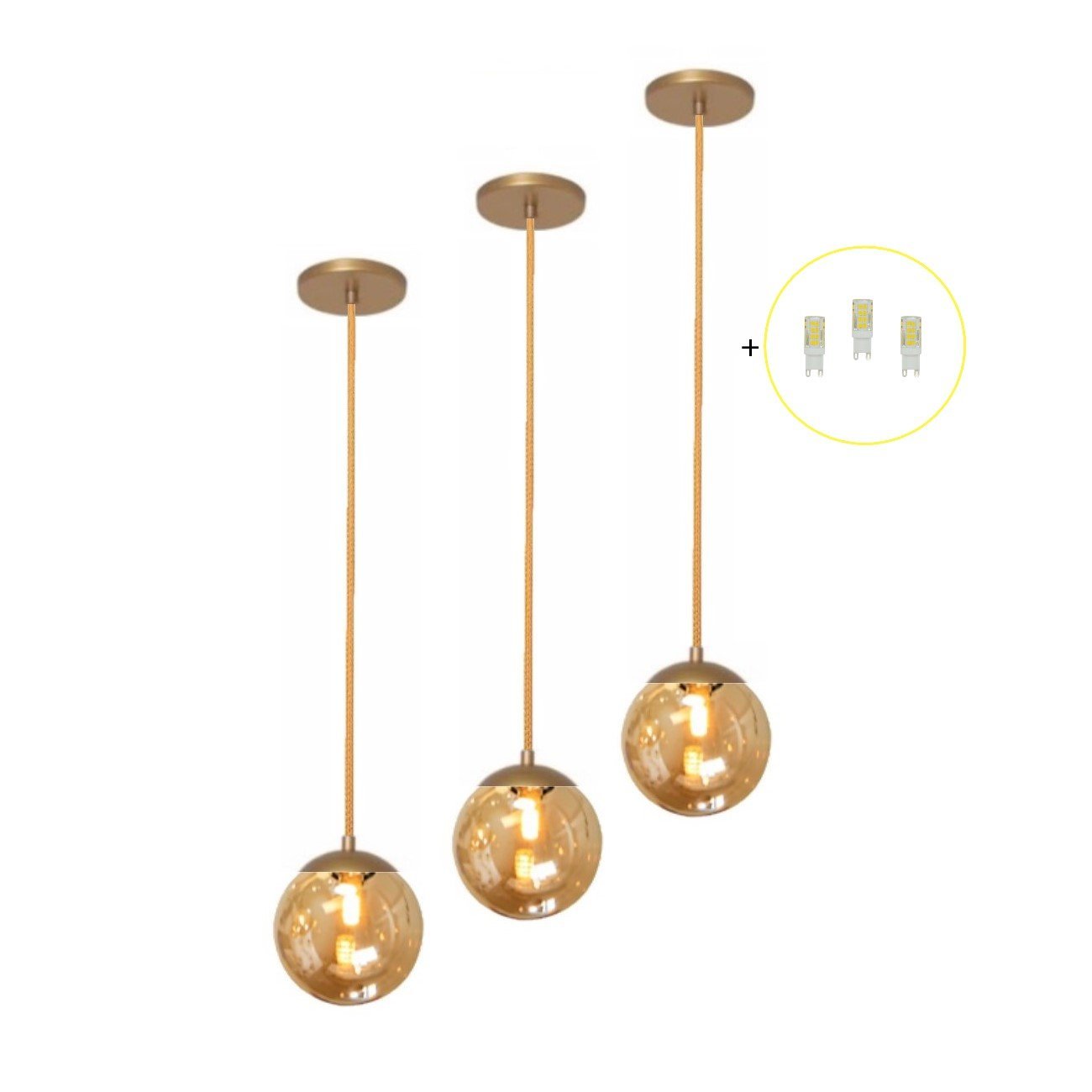 Kit 3 Pendente Dourado Quarto Cabeceira de Cama Bancada +Led Arevo Iluminação Jabuticaba VIDRO ÂMBAR