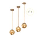 Ver imagem 1 de Kit 3 Pendente Dourado Quarto Cabeceira de Cama Bancada +Led Arevo Iluminação Jabuticaba VIDRO ÂMBAR