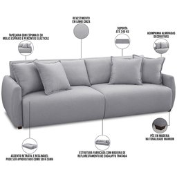 Sofá Cama Retrátil 2 Lugares para Sala de Estar 170cm Sky T03 Linho Cinza - Lyam Decor - 4