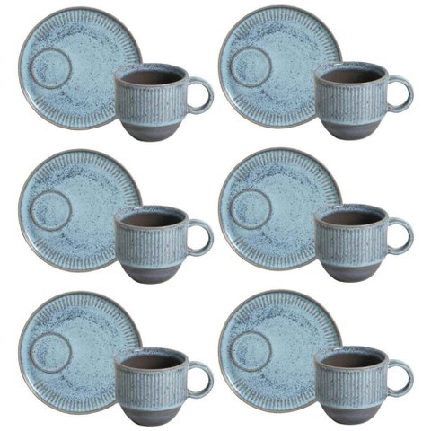 Conjunto 6 Xícaras de Chá 230ml Empilhável com Pires Linhas Breeze Azul Mesa Posta Café da Manh