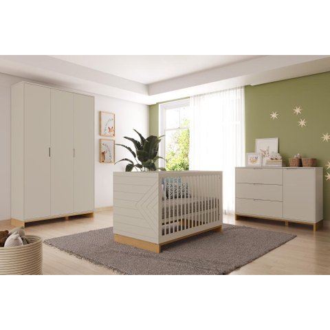 Quarto Bebê 3 Pçs Berço Cômoda Grande e Roupeiro Linha Cubo - Areaia/plátano