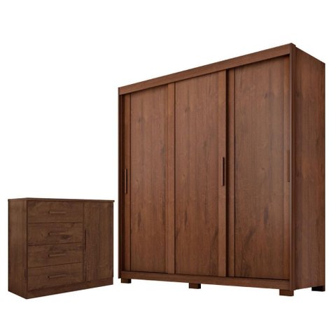 Guarda Roupa Casal Confort 3 Portas e Cômoda Sapateira Genova Plus 4 Gavetas Jacarandá Fosco-