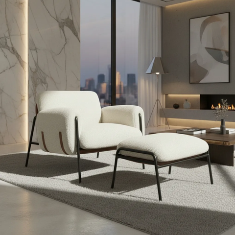 Kit Poltrona Cadeira Decorativa + Puf Serrana Zahav Estofado:bouclé Off White Courino Sintéttico