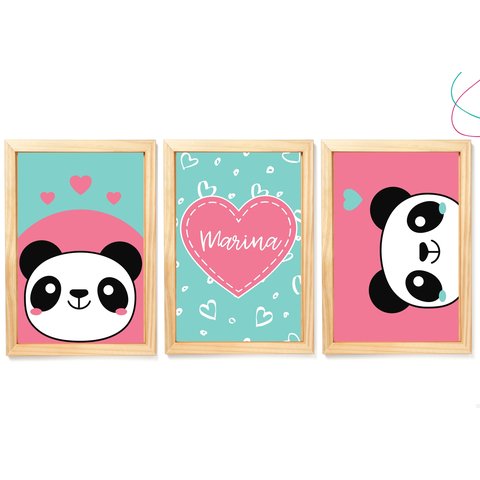 Quadro Decoração Quarto Menina Panda Rosa Moldura e Vidro:pinus