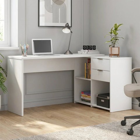Escrivaninha Mesa de Escritório em L com 2 Gavetas e Nichos 148,6cm Flex Branca Office