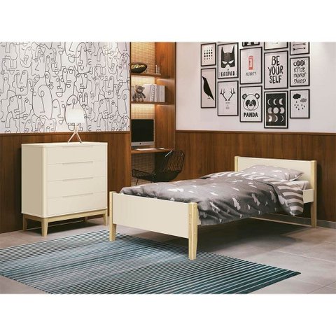 Cama Solteiro Noah com Pés em Madeira Natural – Areia