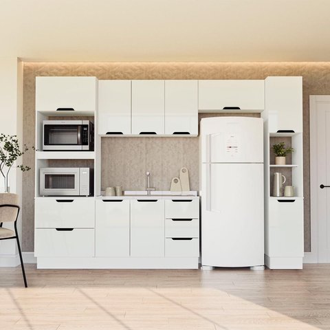 Cozinha Meena 5 Peças 310cm Armários Aéreos Torre Quente Paneleiro Balcão Rodapé Branco 250062