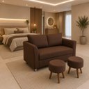 Ver imagem 1 de Kit Namoradeira Lisboa 2 Lugares + 2 Puffs Redondos em Suede para Sala Marrom Conforto e Luxo
