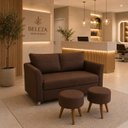 Ver imagem 3 de Kit Namoradeira Lisboa 2 Lugares + 2 Puffs Redondos em Suede para Sala Marrom Conforto e Luxo