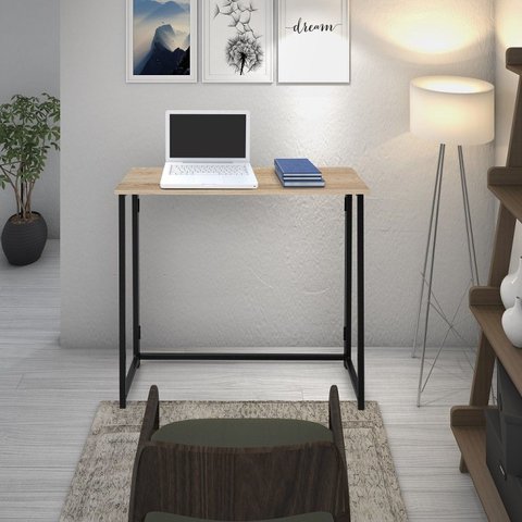 Escrivaninha Mesa Escritório Dobrável 80CMX45CM Link Tb 80cm Preto Fosco e Carvalho Bege