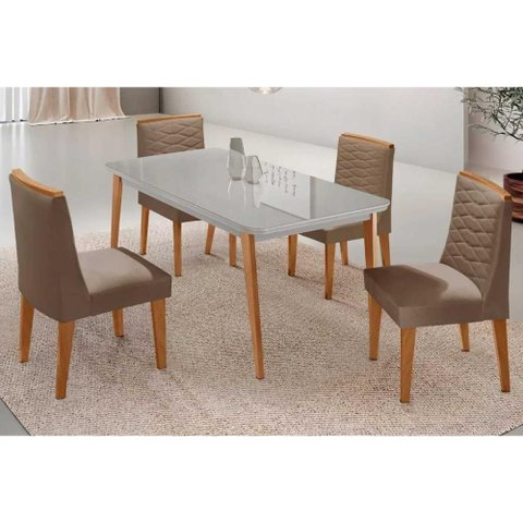 Conjunto Sala de Jantar Havana C/ Tampo Madeirado C/ Vidro Canto Curvo 120x80cm e 4 Cadeiras