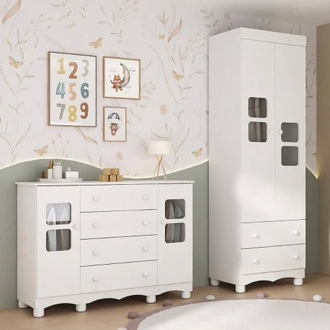 Quarto de Bebê Completo com Guarda-roupas 2 Portas e Cômoda Luna Multimóveis Mp4799 Branco