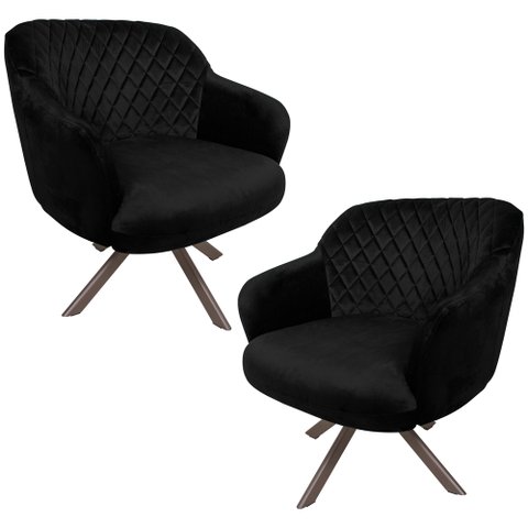 Kit 2 Poltronas Decorativas Kitana Pés Champagne Giratório Veludo Preto - Gran Belo