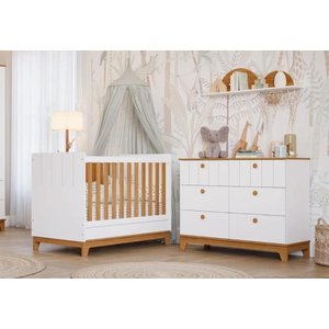 Quarto para Bebê Cômoda e Berço 100% Mdf Biscoito Permobili Branco/nature